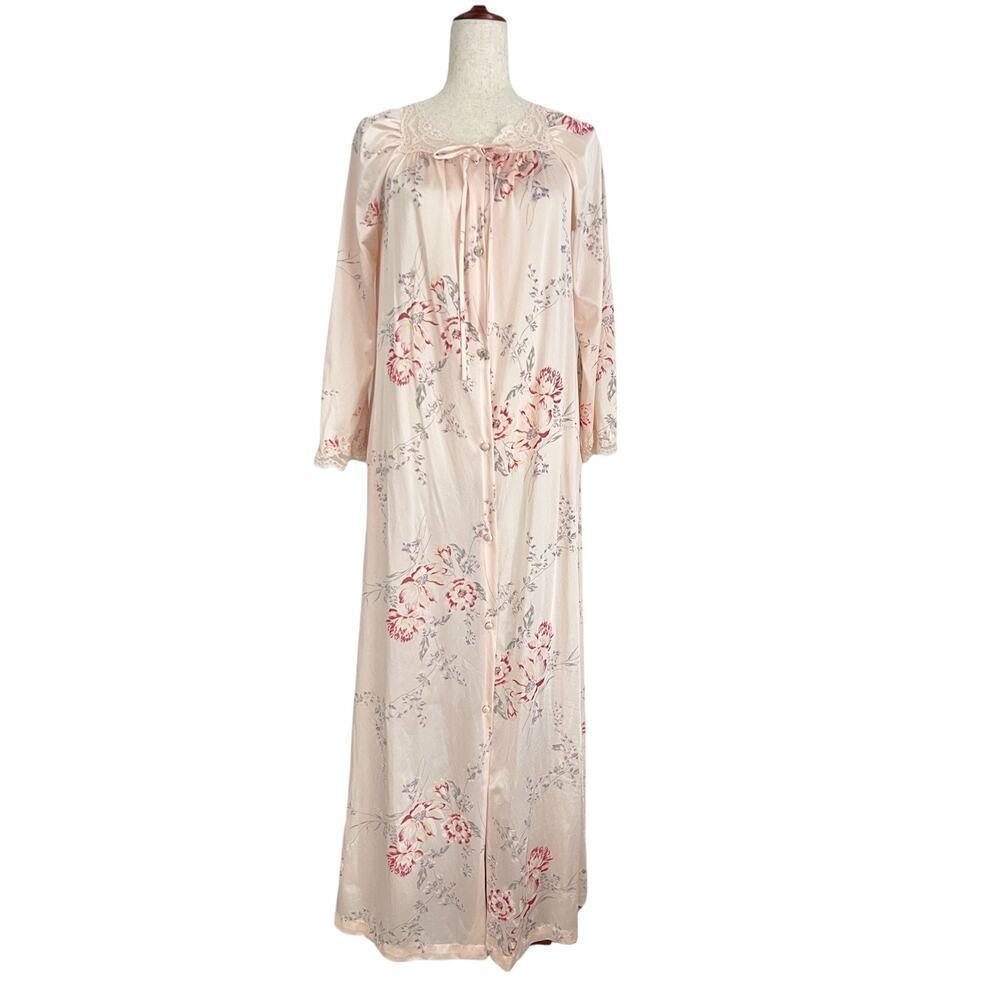 Vtg JCPenney Nylon Antron Peach Floral Full Length Gown Robe Made in USA Sz XS